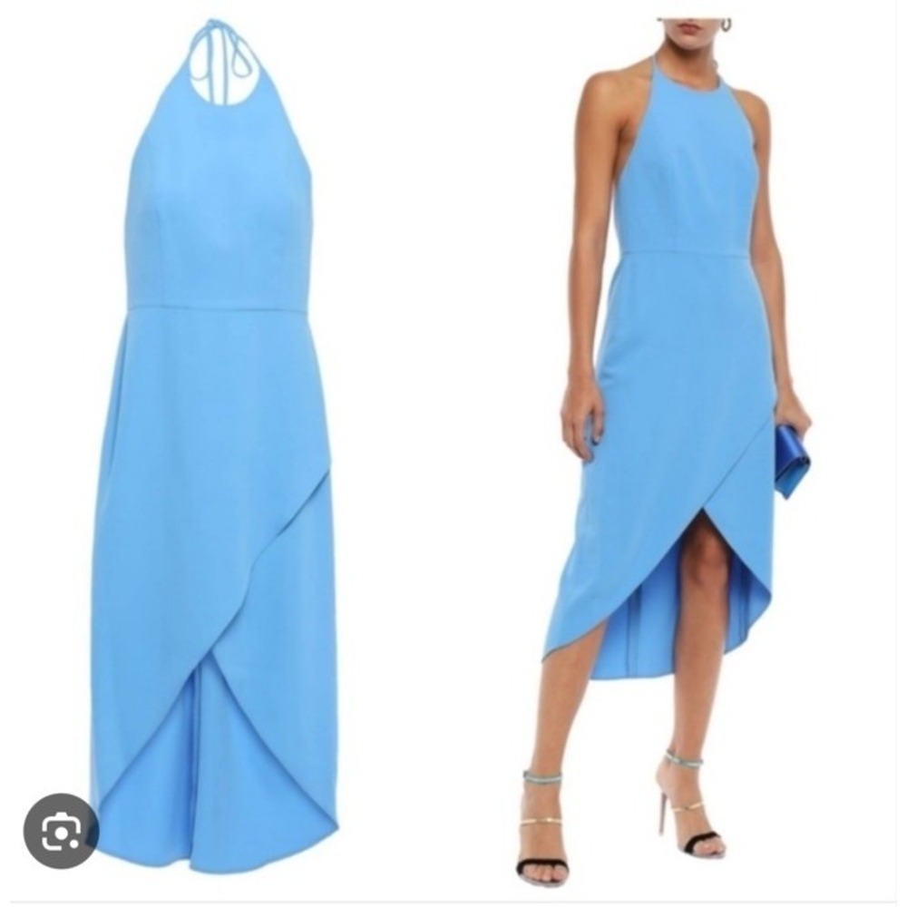 Alice + Olivia Kristy Halter High Low Dress Blue Size 6 Open Back Sleeve Less